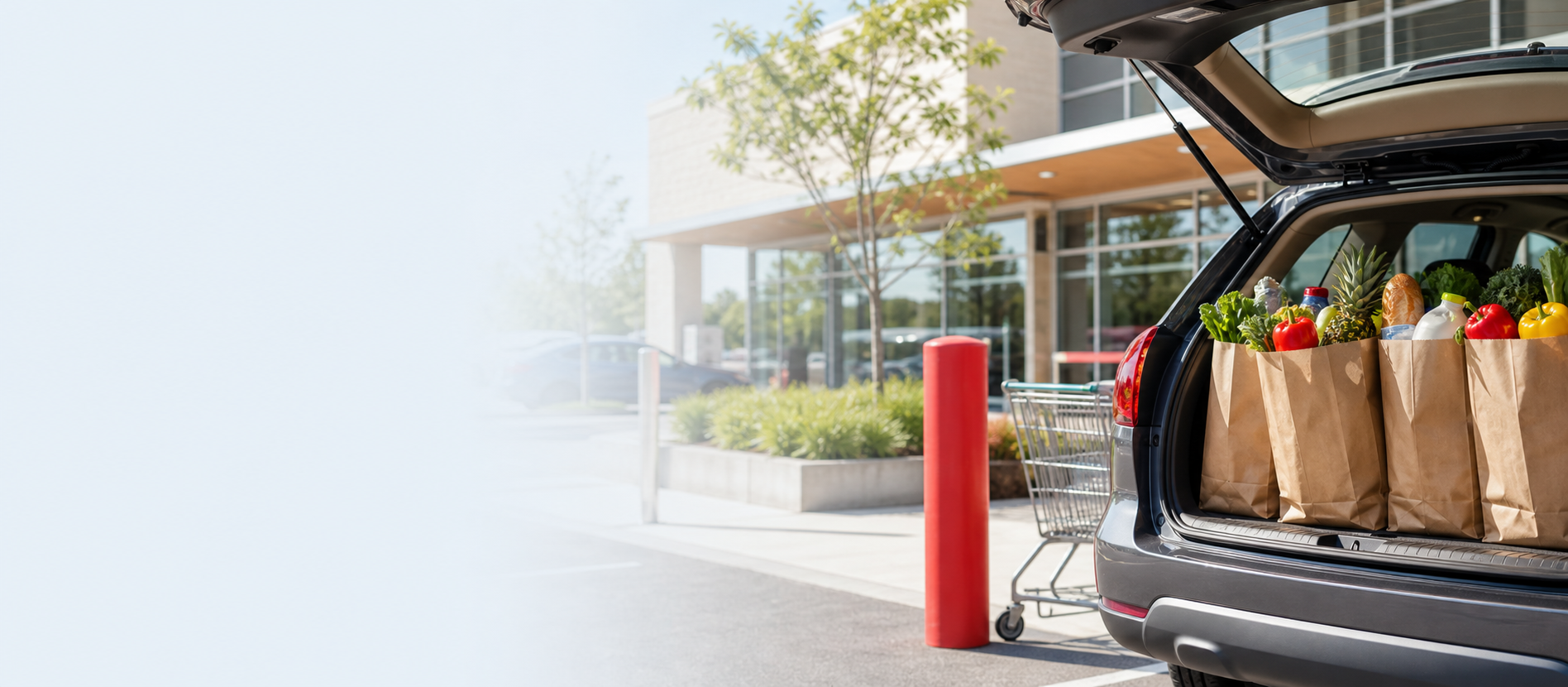 AI-generated curbside grocery pickup banner with bags loaded into a car